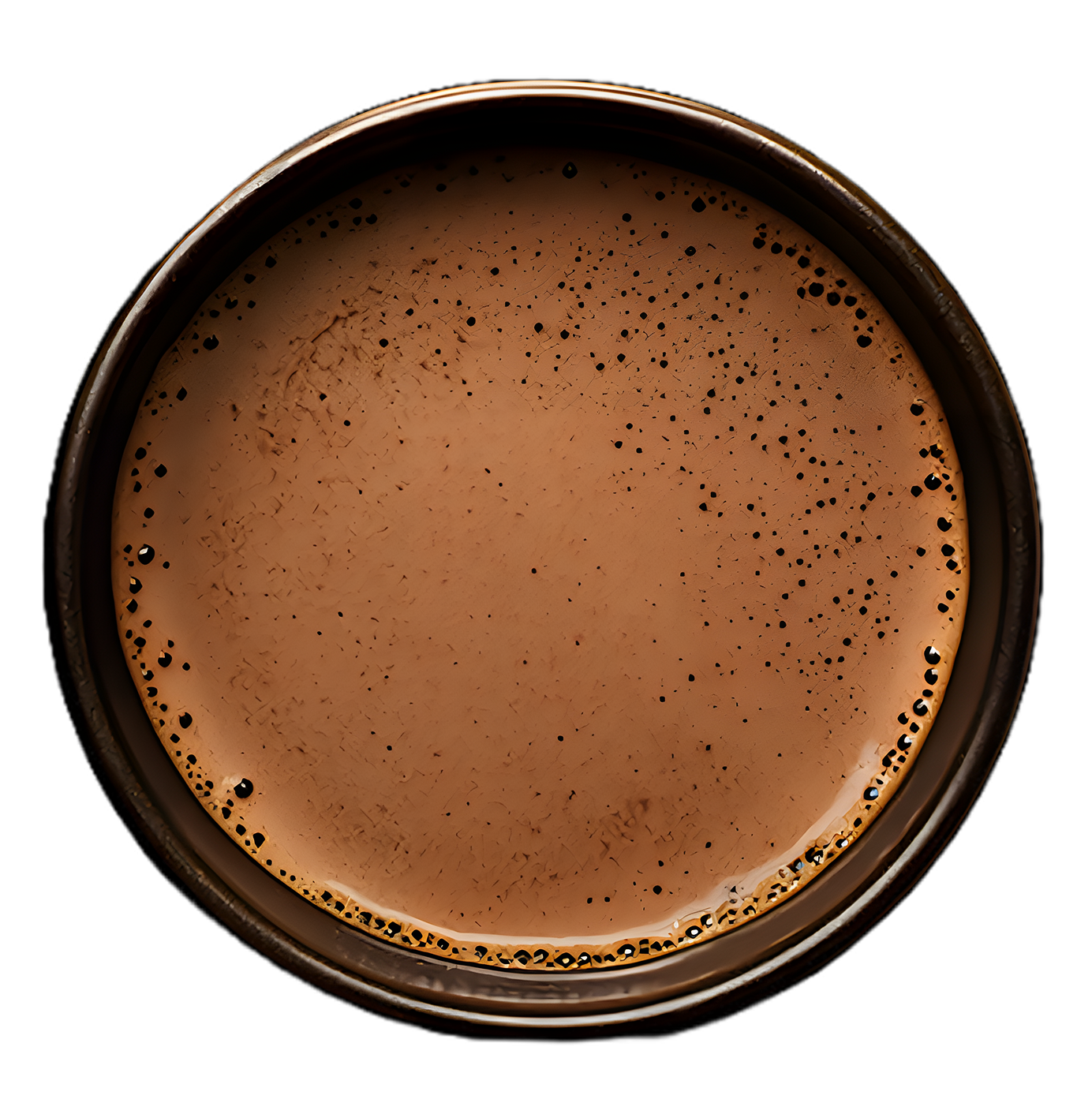 Top view of a cup filled with frothy, dark brown liquid.